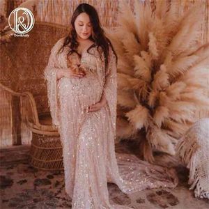 Donjudy Golden Sequin Tassels Maternity Sequence Dress för Po Shoot Christmas Boho Evening Gown Shooting Prom Dresses 210922