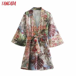 Tangada Frauen Blätter Drucken Dünne Kimono Mäntel Lose Lange Ärmel mit Slash Damen Sommer Mantel 5Z146 210609