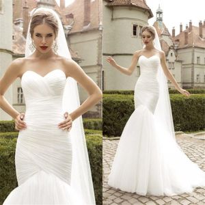 Senaste Ruched Tulle Mermaid Bröllopsklänning Lace Up White Ivory Marry Dresses Bridal Gowns Vestido de Festa Curto