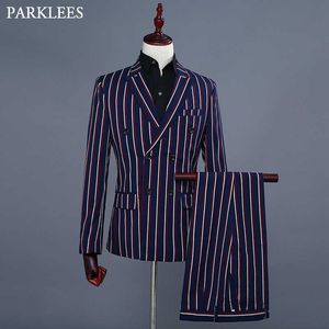 Business Double Striped Dress Suit Men Double Breasted Mens Navy Blue Blazer Jacket With Pants Grooms Singer Host DJ Suits Homme X0909