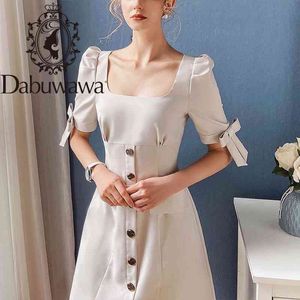 Dabuwawa Vintage Square Neck A-Line Dress Kvinnor Bow Puff Sleeve Single Breasted Elegant Dresses Ladies Spring Summer do1bcf003 210520