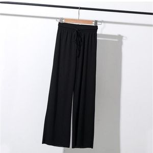 Lodowe jedwabne kobiety spodnie szerokiej nogi kobiece lato drapowane luźne i wszechstronne elastyczne talii elastyczne proste 211115