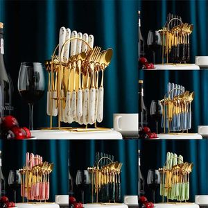 Koreański Zestaw stołowych stali nierdzewnej Zestaw uchwyt ceramiczny uchwyt nóż widelec łyżka sztućware luksusowe obiadowe domowe kuchnia kolacja cutlery 211112
