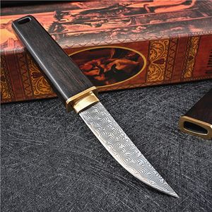 VG10 Damascus Steel Blade Straight Knife Drop Point Blades Brass + Ebony Handle Knives With Wood Sheath