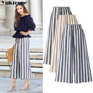 Sommar bomullslinne Striped Kvinnor Byxor Capris High Waist Wide Ben Byxor För Kvinnor Byxor Kvinna Byxor Kvinna Plus Storlek 5xl 210519