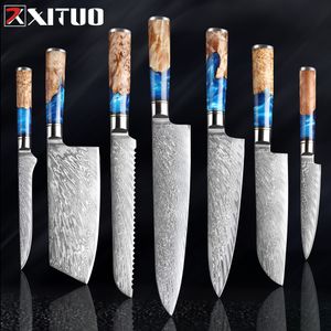 Xituo Kitchen Knives Set Damasco Aço VG10 Chef Faca Cleaver Paring Bread Faca resina azul e ferramenta de cozinha de alça de madeira em cores