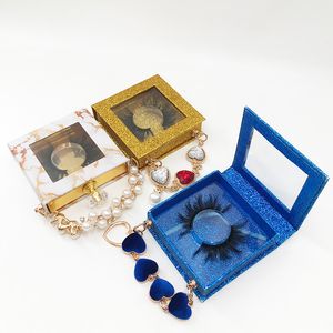 5D Mink Eyelash Package Gold Square Diamond Magnetic Lashwood Box Chain Lashes Case for Strip False Eyelashes