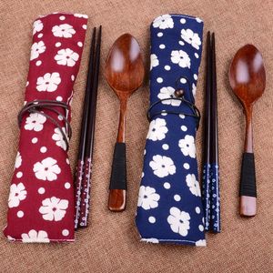 Ätpinnar trä bestick set träsked japansk stil lång handtag middag bärbar porslin med väska #m
