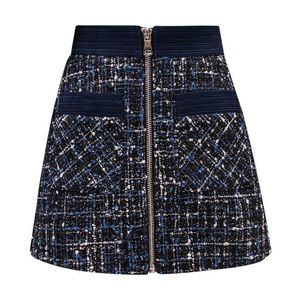 FORSE U Donna Tweed Gonne A-Line Solid Mini Short Autunno Inverno Chic Elegante cerniera Tasca blu navy nera S0252 210529