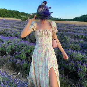 Women Dresses Summer Sexy Fashion Bubble Sleeve Floral Lace-up High Split Long Dress Vestdio Vintage Korean Elegant