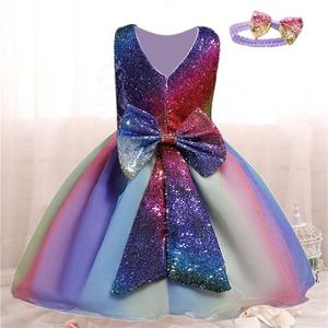 Degrade Payetli Bebek Kız Çocuklar Gökkuşağı Prenses Elbise Yaz 1 2 3 4 5 Yıl Toddler Doğum Günü Düğün Parti Büyük Yay Balo Q0716
