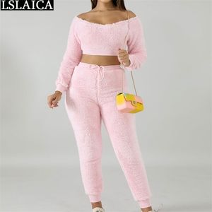 Two Piece Set Women Autumn Winter Solid Velvet Long Sleeve Crop Tops & Drawstring Pants Sets Sexy Outfits for Sweat Suits 210515