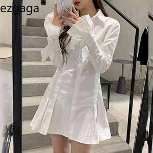 Ezgaga vestido de cintura alta mulheres plissadas manga comprida giro colarinho sólido coreano chique feminina bodycon vestido moda vestidos 210430
