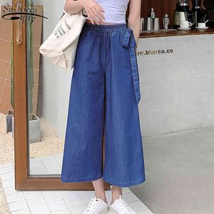Taglie forti Jeans donna larghi Pantaloni casual in denim dritto a vita alta Pantalon coreano sottile con fiocco blu 10252 210510