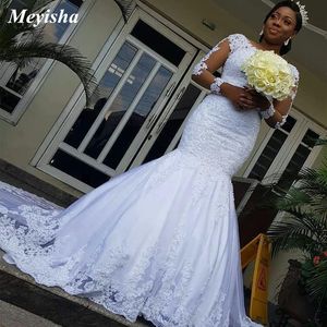 ZJ9184 Appliques Lace Mermaid Wedding Dresses Long Sleeves Beaded Train Bridal Dress Plus Size