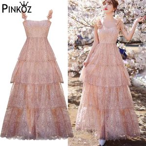 Summer Fashion Designer Maxi Dress Women Spaghetti Strap Gorgeous Flowers Ruched Lace Vintage Party Pink Dresses za 210421