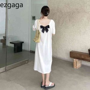 Ezgaga Bow Backless Midi Dress女性半袖O首の夏新緩い韓国のファッションソフトスプリットシックドレスカジュアル210430