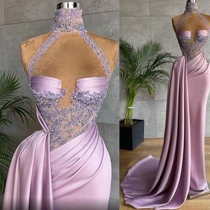 2022 Arabic Plus Size Lace Beaded Evening Dresses High Neck Sexy Sheath Prom Formal Party Second Reception Gowns