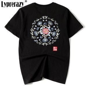 中国風のコットンTシャツメンズ刺繍花ティーシャツ男性黒のオリジナルユニセックス夏