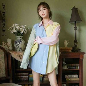 Senso di design delle donne Camicia a contrasto di colore Autunno Camicetta monopetto monopetto coreana di grandi dimensioni 5A547 210427