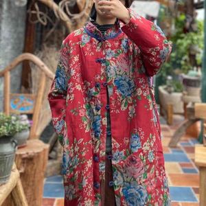 Johnature Women Warm Cotton Vintage Print Blomma Lång Parkas O-Neck Fjäder Loose Retro Kinesisk Stil Kvinnor Parkas Coat 210521