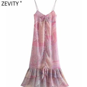 ZEVITY Kadınlar Vintage Paisley Çiçek Baskı Hem Plise Ruffles Sling Elbise Boho Femme Chic Geri Elastik Şifon Midi Vestido DS8247 210603