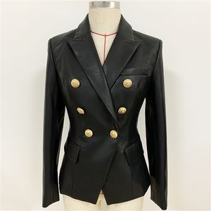 est Fall Winter Designer Blazer Jacket Women's Lion Metal Buttons Double Breasted Synthetic Leather Blazer Overcoat 211120