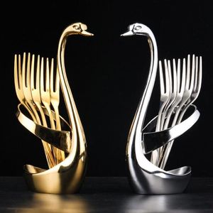 Bestickset 5st Bestickset i rostfritt stål Kök Silver Guld Bestick Kniv Gaffel Sked Bestick Skedar Swan Base Hållare