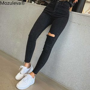 Mozuleva Seksi Yüksek Bel Püskül Yırtık Delikler Denim Pantolon Kadın Pantolon Kalem Kot Kadın Skinny Pantolon Siyah Kot 210616