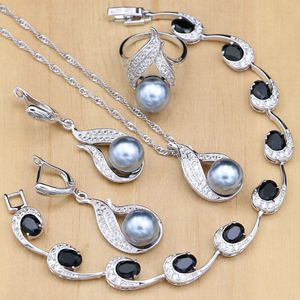Silver 925 Bridal Jewelry Sets Pearls Beads For Women Wedding Drop Earrings Necklace Ring Natural Black Zircon Bracelet
