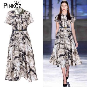 runway designer vintage Ink painting leopard printed soft silky summer party casual dress belt women fashion ropa mujer 210421