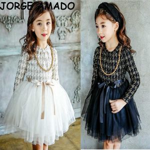 Abiti per bambini per ragazze Navy White Plaid manica lunga Princess Dress Bow Sash Abbigliamento primavera autunno E8257 210610