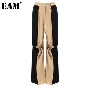 [EAM] High Waist Khaki Contrast Color Long Pleated Wide Leg Trousers New Loose Pants Women Fashion Spring Autumn 2021 1DE0959 Q0801