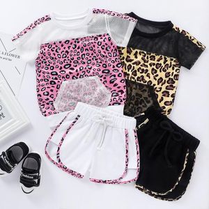Kläder Sats Fashion Baby Girls Short Sleeve Skriv ut Net T-shirts Toppar Casual Shorts Leopard Kläder 0-5y Summer Tracksuits