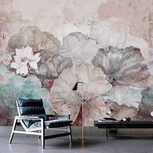 Niestandardowe 3d malowidła ścienne tapety chiński styl ręcznie malowane lotosowe dekoracja ścienna malarstwo salon jadalnia sypialnia kwiat