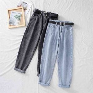 Hohe Taille Jeans Frauen Harem Hosen Lose Beiläufige Koreanische Mom Jean Vintage Weibliche Denim Hosen Plus Größe Pantalon Mit Gürtel neue 210322