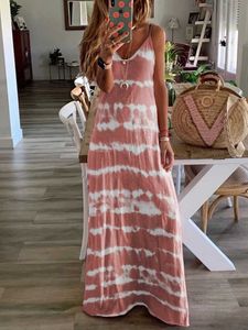 ファッションスパゲッティストラップセクシーな長いルーズプリントベスト足首長さのタイ色のビーチスタイル夏のドレス女性210615