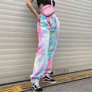 Ny Tie Dye Kvinnor Byxor Vinter Plush Warm Cargo Byxor Hög Elastiska Midja Sweatpants Höst Lös Byxor Y211115