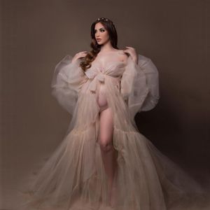 Sexy Nude Ruffles Maternity Dress Robes for Photo Shoot or Baby Shower Chic Women Prom Gowns Long Sleeve Photography Robe Pregancy