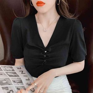 韓国の女性はしっかりした色の基本的な綿Tシャツ半袖Vネックパフティーレディースカジュアルティートップ210507