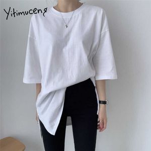 Yitimuceng Casual Side Slit T-shirts Kvinnor Oversized Kortärmad Top O-Neck Vit Sommar Bomull Koreanska Mode Shirts 210601