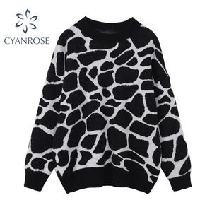 Tröjor för kvinnor mode stickad svart leopardtryck överdimensionerad semester vintage streetwear hajuku casual stickat toppar 210515