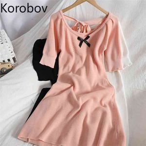 Korobov ny chic hit color bow klänning kvinnor v neck kort ärm stickade klänningar koreansk mode sommarklänning 210430