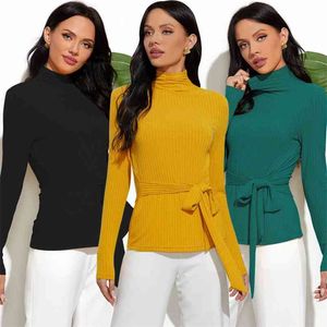 Mulheres Turtleneck manga comprida fundo macio t-shirts meninas sólidas slim slim básico camisetas Tees lace up t shirts tops fêmea 210517