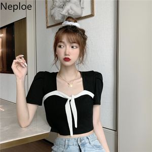 Neploe Square Neck Bow Short-Sleeve Blouse Womens Fashion Blusas Hollow Out Backless Slim Chic Tröja Koreanska Sexiga Crop Tops 4i684 210422