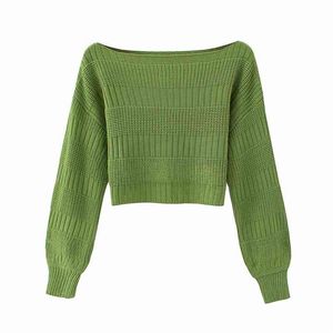 Sommar kvinnor kort solid tröja lång ärm stickad slash neck av axel kvinnlig elegang casual pullovers tröja 210513