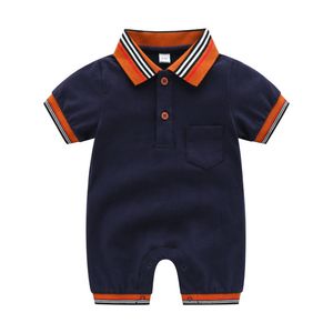 1-2 år gammal sommarbarn kläder baby pojke flicka jumpsuits rompers lapel kortärmad pyjamas 100% bomull kläder mode all-match