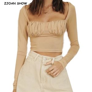 Autumn Square Collar Ruched Pleated Long Sleeve Tee Sexy T-shirts Cool Girl Pullovers Short T-shirt crop top Khaki White 210429