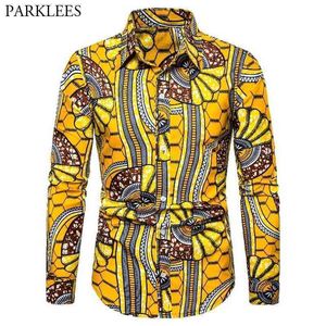 Afrika Balmumu Baskı Elbise Gömlek Erkekler Moda Uzun Kollu Streetwear Afrika Gömlek Erkek Bazin Riche Tribal Etnik Giyim 3XL 210522