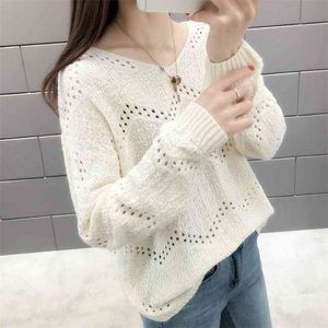 Hollow Dots Dzianiny sweter Kobiety Wiosna Jesień Dorywczo Luźne Hedging Solidne Kolor Szelki V-Neck Swetry Kobiet 210427